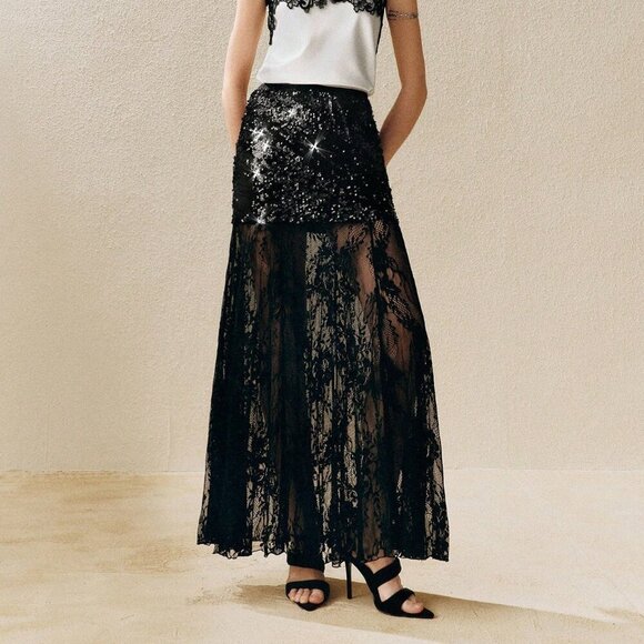 Black Elegant Women's Sequined Lace Maxi Skirt - Picture 6 of 8
